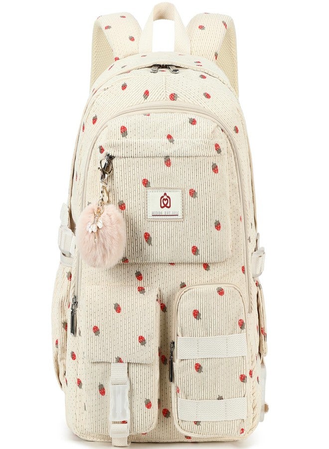 Hidds School Backpack Laptop College Backpacks Corduroy Bag Students Bookbag Anti Theft Travel Daypack for Teens Girls Women, 03-corduroy Beige Strawberries, Medium, School Backpack, College Backpack - Image 1