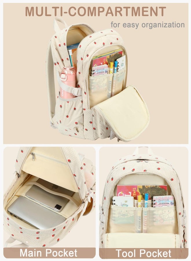 Hidds School Backpack Laptop College Backpacks Corduroy Bag Students Bookbag Anti Theft Travel Daypack for Teens Girls Women, 03-corduroy Beige Strawberries, Medium, School Backpack, College Backpack - Image 3