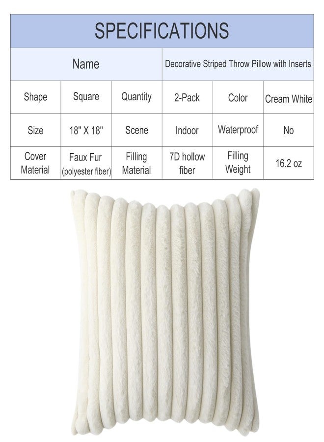 WHATWEARS Decorative Throw Pillow with Inserts, Set of 2 Soft Faux Fur Throw Pillows, Square Boho Striped Pillow for Couch, Bed, Sofa Decor(Beige, 18" x 18") - Image 2