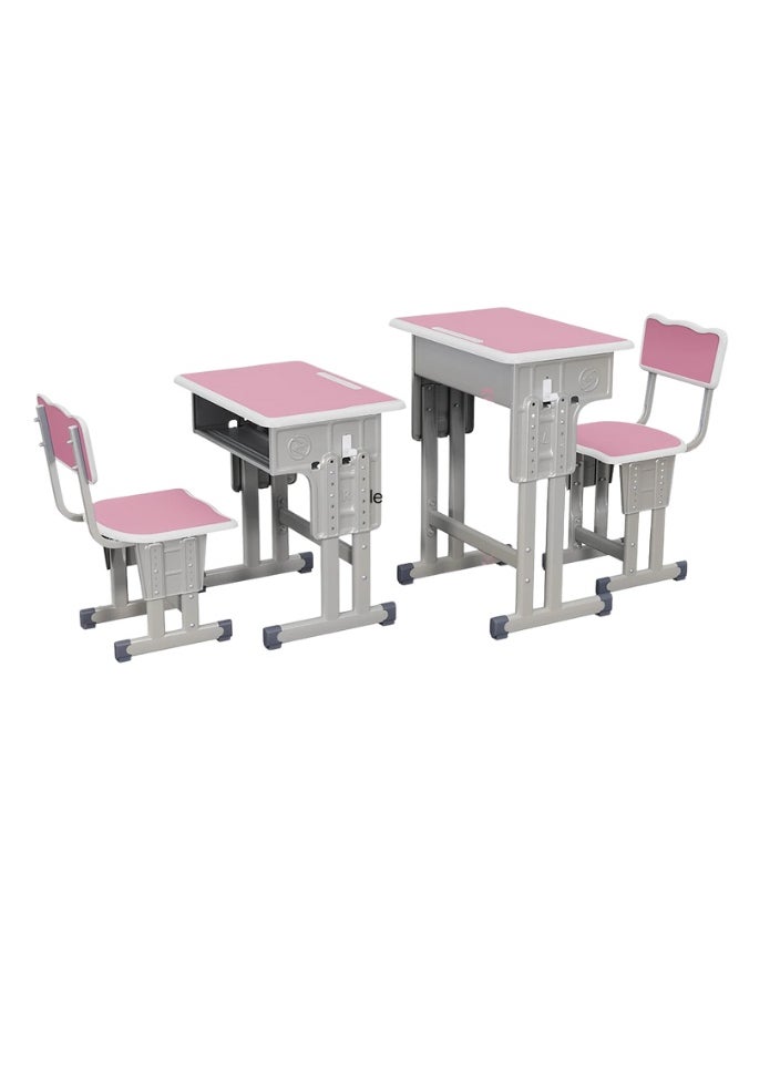 A children's study desk set consisting of 4 pieces (two tables and two chairs), a chair and a study table An educational desk set made of iron and fiber