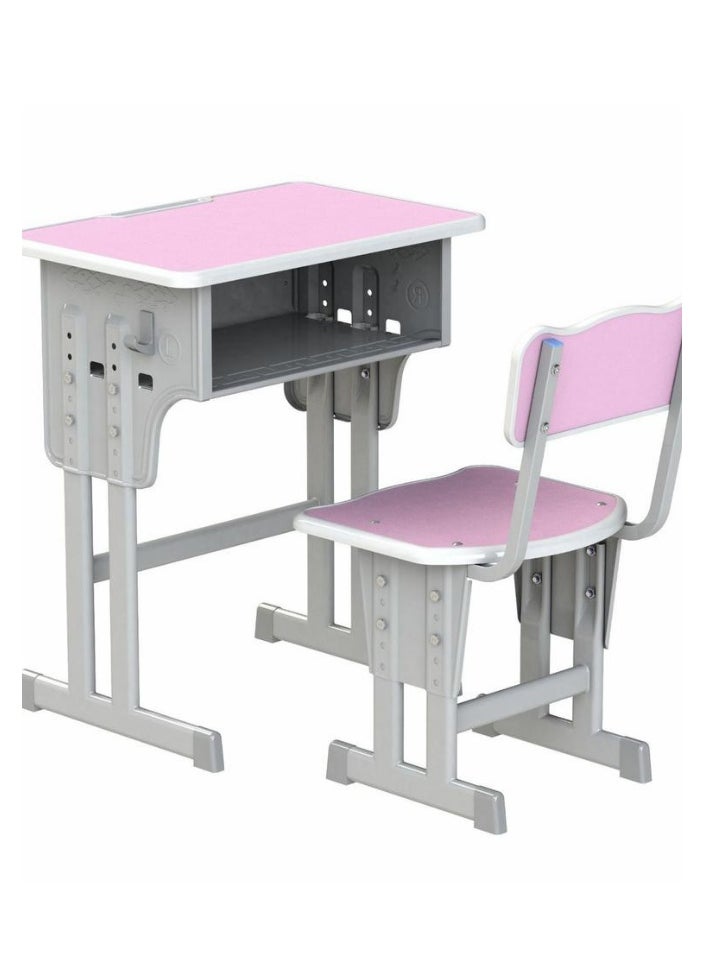 A children's study desk set consisting of 4 pieces (two tables and two chairs), a chair and a study table An educational desk set made of iron and fiber