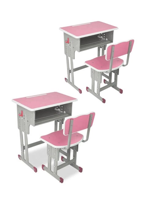 A children's study desk set consisting of 4 pieces (two tables and two chairs), a chair and a study table An educational desk set made of iron and fiber