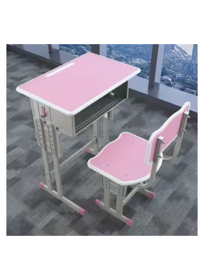A children's study desk set consisting of 4 pieces (two tables and two chairs), a chair and a study table An educational desk set made of iron and fiber