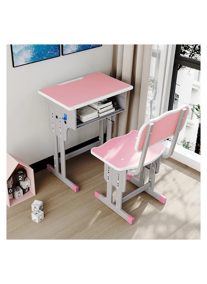 A children's study desk set consisting of 4 pieces (two tables and two chairs), a chair and a study table An educational desk set made of iron and fiber