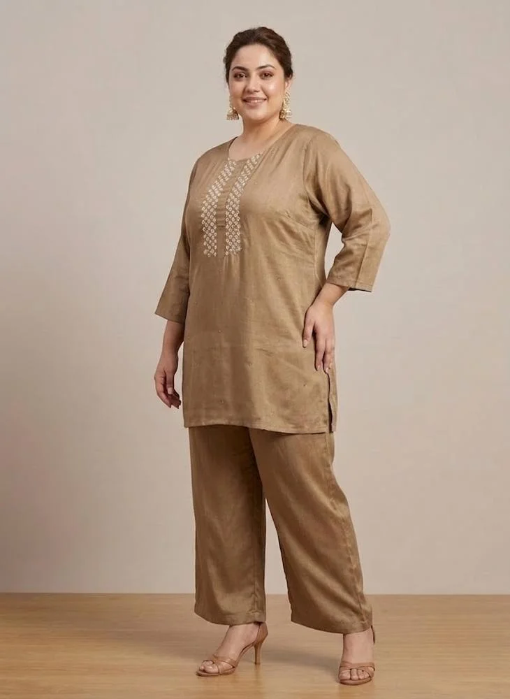 Viny VINY Brown Embellished Top & Palazzo Set – Plus Size Women's Indian Ethnic Wear