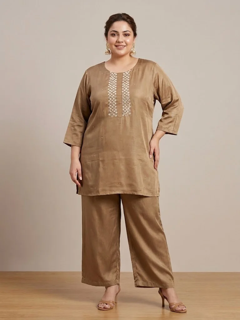 VINY Brown Embellished Top & Palazzo Set – Plus Size Women's Indian Ethnic Wear