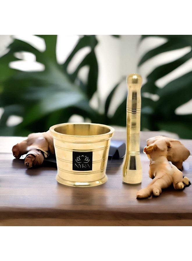 Nyra® Pure Brass/Peetal Mortar Pestle Hand Smasher/Kitchen Khalbatta/Okhli Masher/Ohkli Musal/Imam Dasta/Hamam Dasta Kharal/Idi Kallu/Khal Musal/Spice Grinder (1260) - Image 3