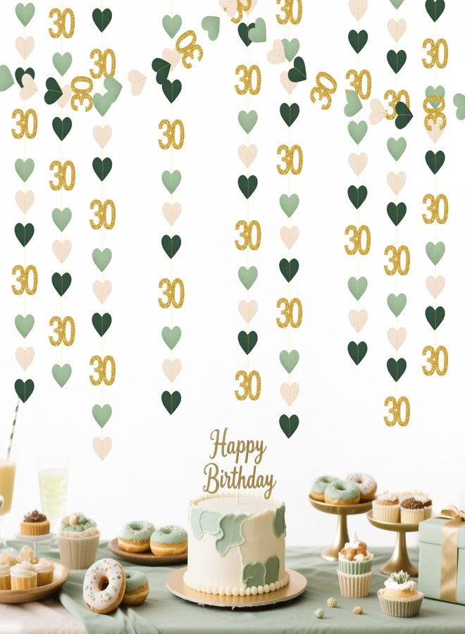 pinkblume Sage Green Gold 30th Birthday Decorations Sage Green Gold Heart Garland Streamer Banner Backdrop for Women Happy 30th Birthday Dirty Thirty Cheers to 30 Years Old Fabulous Anniversary Party Supplies - Image 1