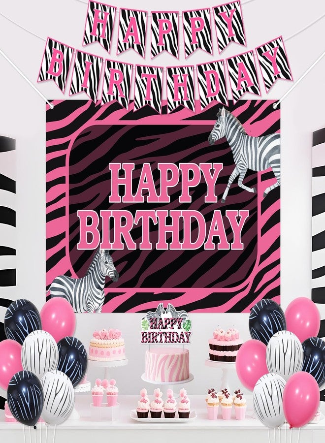 Balterever Zebra Birthday Decorations for Women Pink Zebra Happy Birthday Banner Backdrop Cake Topper Safari Jungle Theme Bday Party Supplies for Wildlife Animal Supplies - Image 2