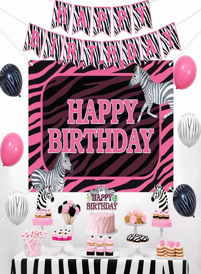 Balterever Zebra Birthday Decorations for Women Pink Zebra Happy Birthday Banner Backdrop Cake Topper Safari Jungle Theme Bday Party Supplies for Wildlife Animal Supplies - Image 3