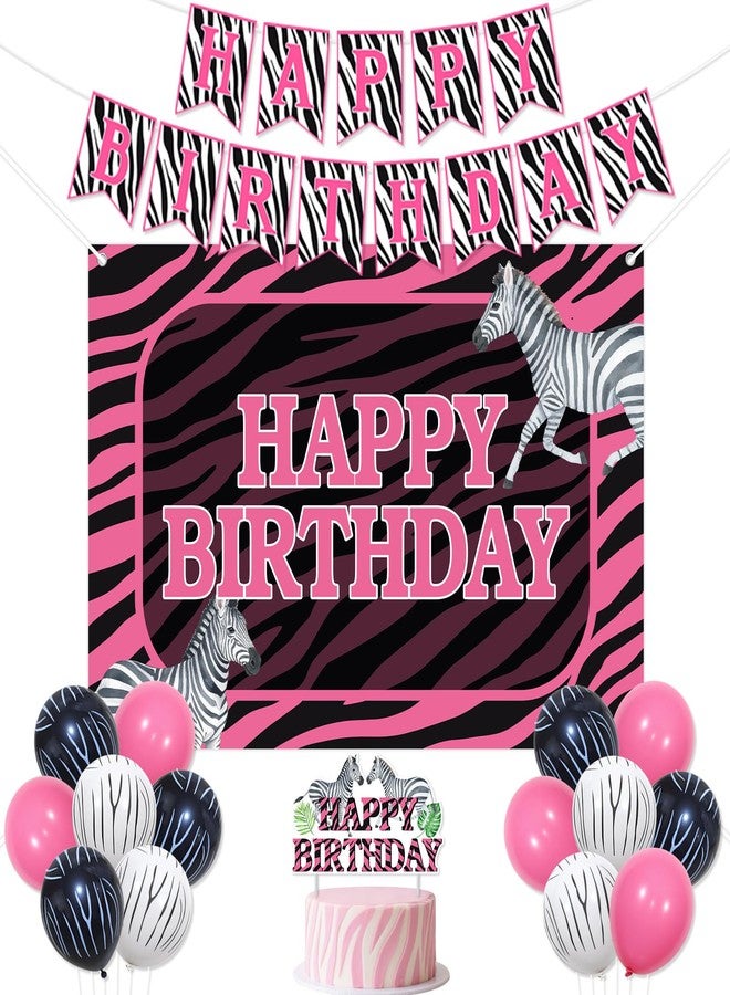 Balterever Zebra Birthday Decorations for Women Pink Zebra Happy Birthday Banner Backdrop Cake Topper Safari Jungle Theme Bday Party Supplies for Wildlife Animal Supplies - Image 1