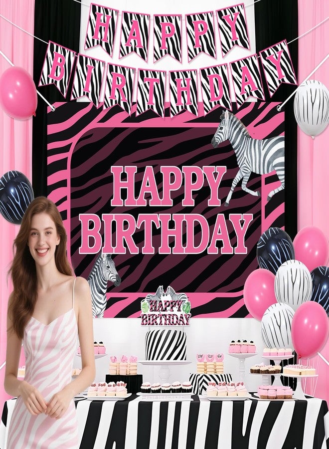Balterever Zebra Birthday Decorations for Women Pink Zebra Happy Birthday Banner Backdrop Cake Topper Safari Jungle Theme Bday Party Supplies for Wildlife Animal Supplies - Image 4