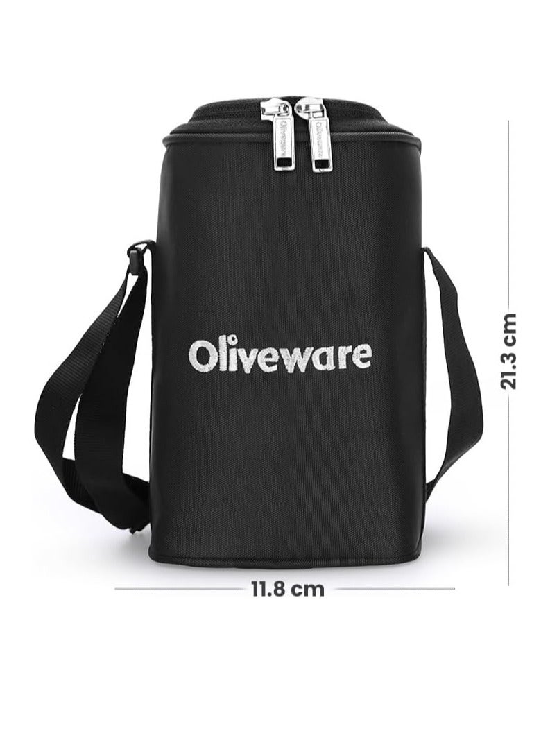 oliveware Boss Pro Lunch Box With Steel Spoon, Microwave Safe & Leak Proof, 3 Inner Steel Containers With Bpa Free Airtight Lids (290Ml, 450Ml, & 600Ml), Fabric Bag (Black) - Image 2