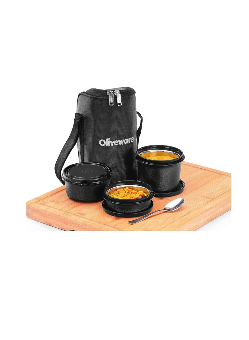 oliveware Boss Pro Lunch Box With Steel Spoon, Microwave Safe & Leak Proof, 3 Inner Steel Containers With Bpa Free Airtight Lids (290Ml, 450Ml, & 600Ml), Fabric Bag (Black) - Image 4