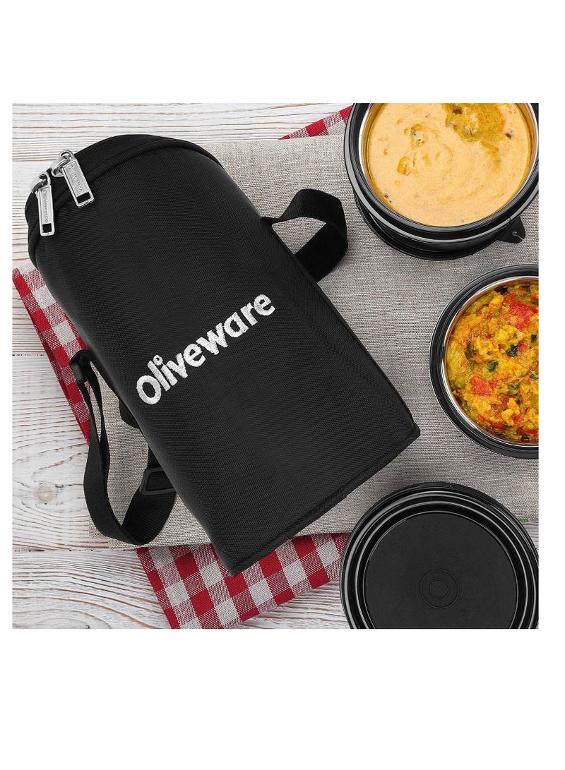 oliveware Boss Pro Lunch Box With Steel Spoon, Microwave Safe & Leak Proof, 3 Inner Steel Containers With Bpa Free Airtight Lids (290Ml, 450Ml, & 600Ml), Fabric Bag (Black) - Image 5