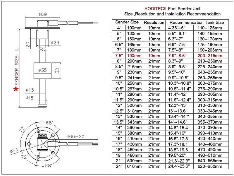 AODITECK Marine Fuel Sending Unit for Boat Truck Car Vehicle Fuel Tank Sending Unit Fuel Level Sending Unit Gas Water Tank Sender Fuel Gauge Sending Unit Fuel Water Level Sensor 240-33 ohms 7.5" - Image 5