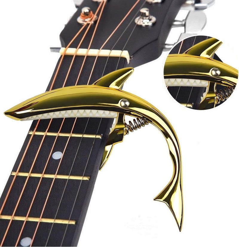 PERLMAN Shark Guitar Capo, Zinc Alloy Quick-Change Capo for Acoustic, Electric, Ukulele, Mandolin, and Banjo with Strong Grip, No Fret Buzz, Picks and Pouch In (Gold) - Image 5