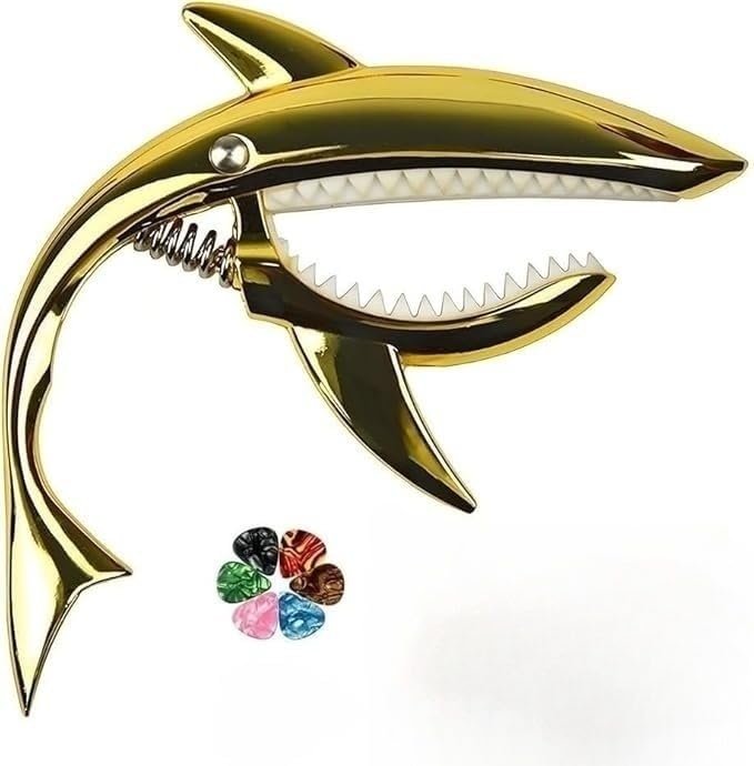 PERLMAN Shark Guitar Capo, Zinc Alloy Quick-Change Capo for Acoustic, Electric, Ukulele, Mandolin, and Banjo with Strong Grip, No Fret Buzz, Picks and Pouch In (Gold) - Image 1