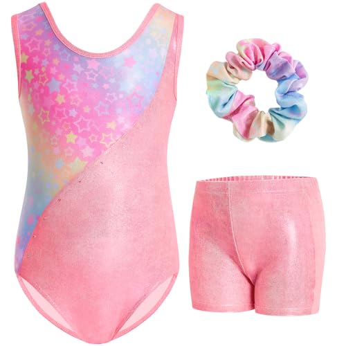 Gogokids Gymnastics Leotards for Girls Sparkly Rhinestone Dance Unitard with Shorts & Hair Scrunchie Activewear, A-pink, 8-9 years, 130 - Image 1