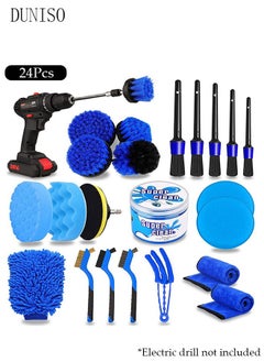 DUNISO 24 piece set of drilling brush accessories car cleaning kit, automatic detail brush set, used for cleaning wheels, dashboard, interior, exterior, leather, ventilation openings, logos (blue)  - Image 1