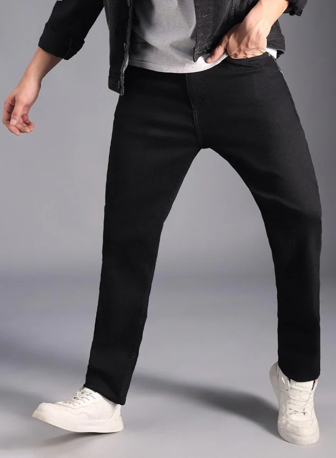 HIGH STAR Men's Black 100% Cotton Bleached Full Length Tapered Fit Jeans