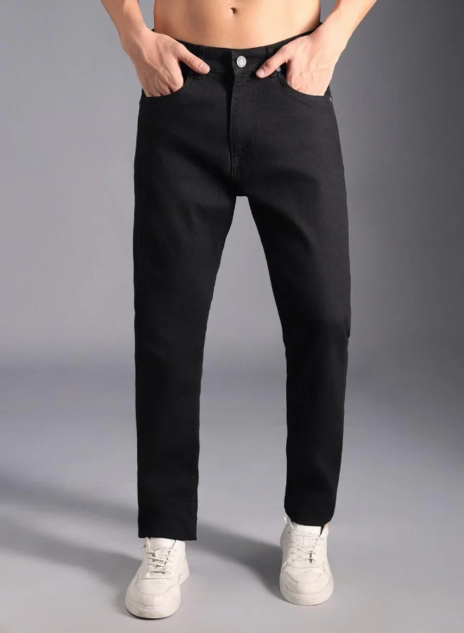 HIGH STAR Men's Black 100% Cotton Bleached Full Length Tapered Fit Jeans