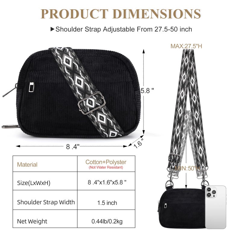 MAXTOP Small Crossbody Bags for Women with Detachable Strap Fanny Packs for Women Sling Corduroy Cross Body Purse for Travel Essentials Black - Image 3