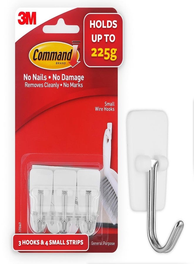 Command 3M Command Small Wire Wall Hooks, Holds Up to 225gms, No Paint damage, Holds Strongly, Reusable, Adhesive hooks for wall, Multi-surface (White, 3hooks, 4 strips) - Image 1