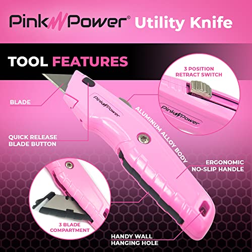 Pink Power Box Cutter Retractable, Pink Utility Knife for Carpet, Cute Box Cutter Knife Heavy Duty with 3 Blades and Storage Compartment - Opener Pocket Utility Tools for Women (1) - Image 2