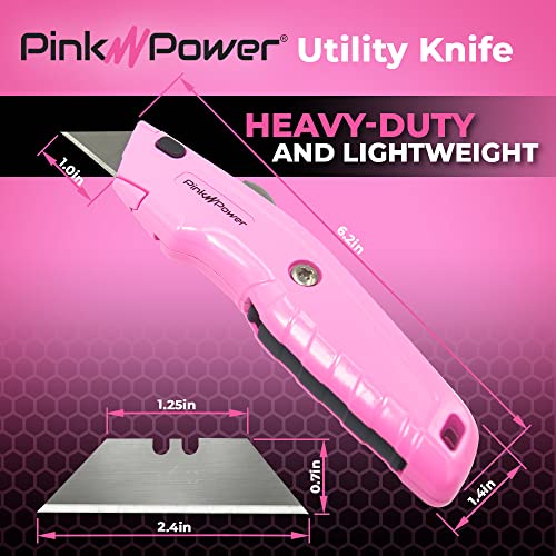 Pink Power Box Cutter Retractable, Pink Utility Knife for Carpet, Cute Box Cutter Knife Heavy Duty with 3 Blades and Storage Compartment - Opener Pocket Utility Tools for Women (1) - Image 5