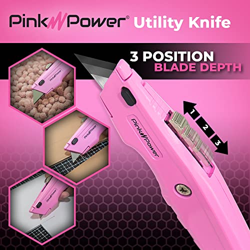 Pink Power Box Cutter Retractable, Pink Utility Knife for Carpet, Cute Box Cutter Knife Heavy Duty with 3 Blades and Storage Compartment - Opener Pocket Utility Tools for Women (1) - Image 3