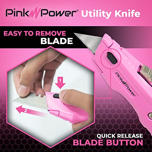 Pink Power Box Cutter Retractable, Pink Utility Knife for Carpet, Cute Box Cutter Knife Heavy Duty with 3 Blades and Storage Compartment - Opener Pocket Utility Tools for Women (1) - Image 4