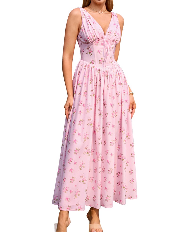 GLNEGE Floral Corset Midi Dress Milkmaid Casual V Neck Flowy A Line Sundress Wedding Guest Dresses with Pockets 2026 - Image 1