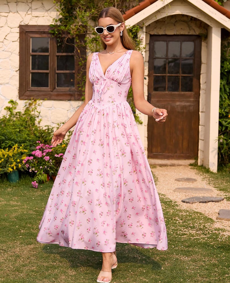 GLNEGE Floral Corset Midi Dress Milkmaid Casual V Neck Flowy A Line Sundress Wedding Guest Dresses with Pockets 2026 - Image 5