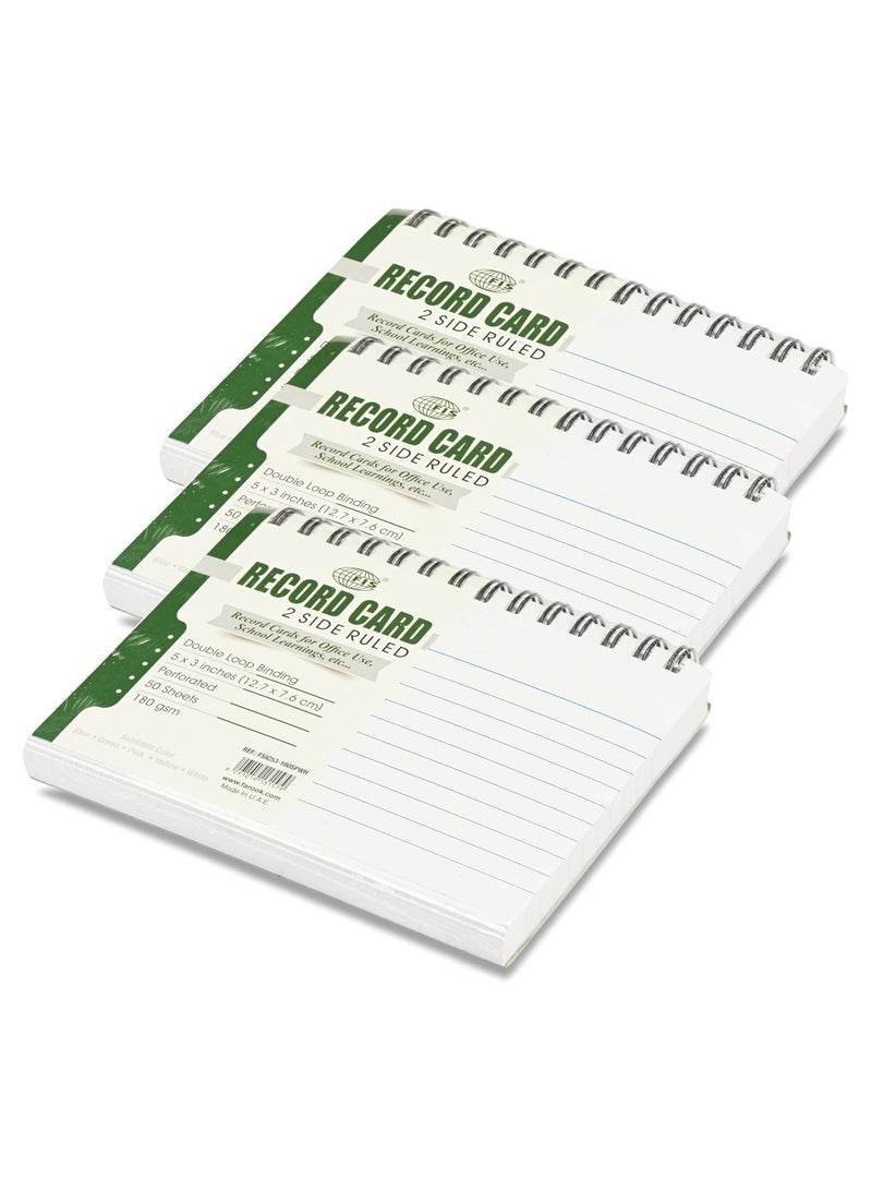 FIS® Ruled Record Cards, Size:5"x3" Inches (127x76mm), Double Loop Spiral Binding, Two Sides Single Ruled, 180gsm, Perforated, 50 Sheets Per Pad, Packet of 3 Pieces, White Color-FSIC53-180SPWH-3 - Image 1