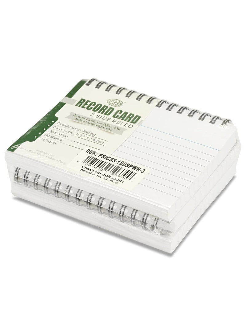 FIS® Ruled Record Cards, Size:5"x3" Inches (127x76mm), Double Loop Spiral Binding, Two Sides Single Ruled, 180gsm, Perforated, 50 Sheets Per Pad, Packet of 3 Pieces, White Color-FSIC53-180SPWH-3 - Image 2