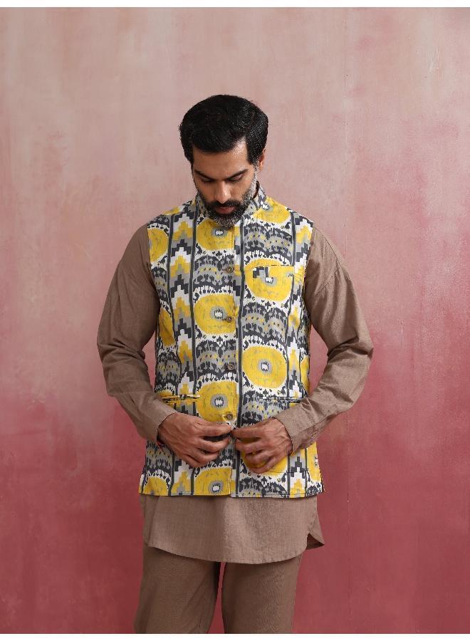 trueBrowns Men's Grey Ikat Print Cotton Reversible Nehru Jacket - Image 5