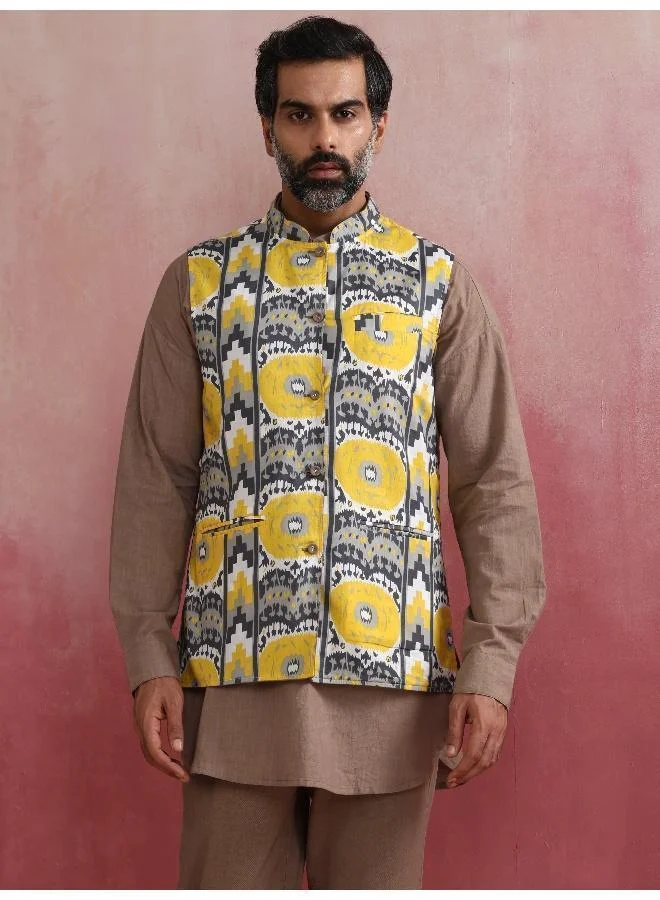 ترو برونز جاكيت رجالي رمادي قطن بطبعة إيكات وجهين بياقة نهرو