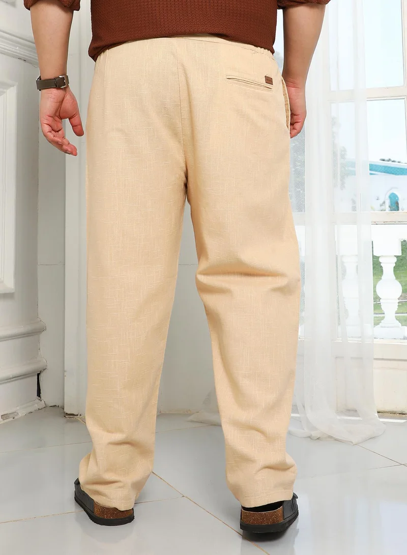 Instafab Plus  Instafab Plus Men's Ecru Beige Pleated Extended-Button Trousers For Casual Wear | Mid-Rise | Straight Fit | Button Closure | Plus Size Trousers Crafted With Comfort Fit For Everyday Wear for Men | Best Price UAE