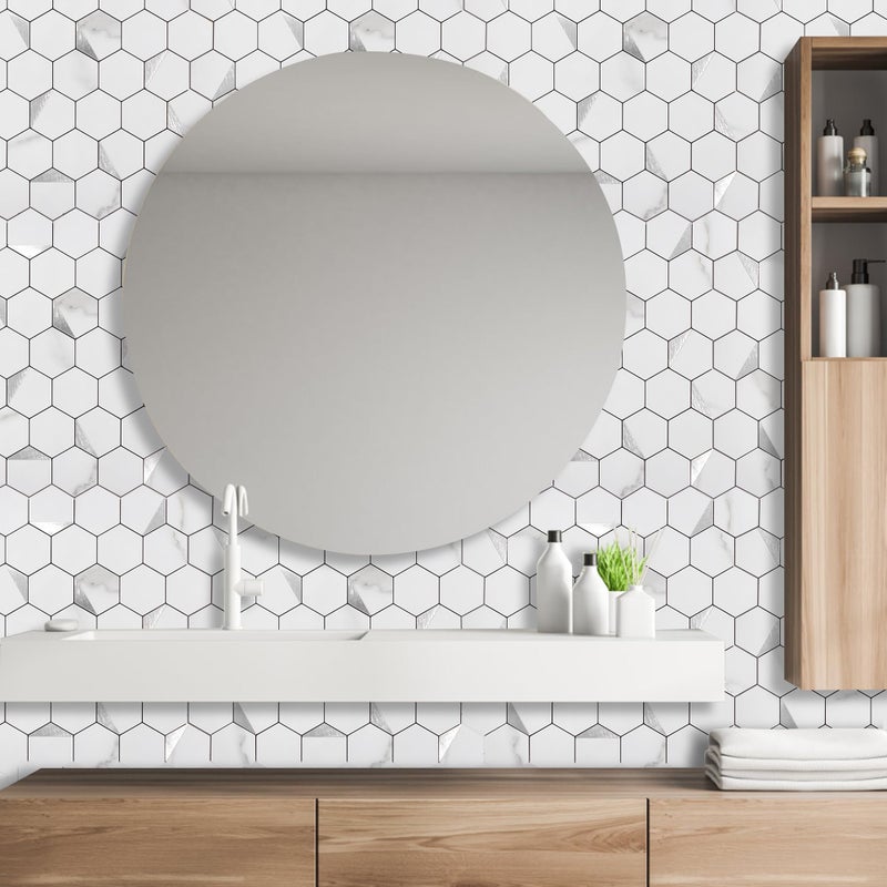 OYASIMI 10-Sheet Peel and Stick Tiles for Kitchen Backsplashes, Hexagon 12.2x11.54 inches Marble White Mixed Silver Metal 3D PVC Wall Tile Stick on Backsplash for Bathroom Waterproof - Image 4
