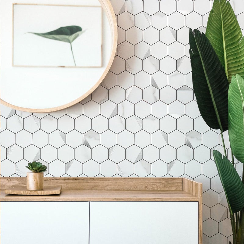 OYASIMI 10-Sheet Peel and Stick Tiles for Kitchen Backsplashes, Hexagon 12.2x11.54 inches Marble White Mixed Silver Metal 3D PVC Wall Tile Stick on Backsplash for Bathroom Waterproof - Image 2