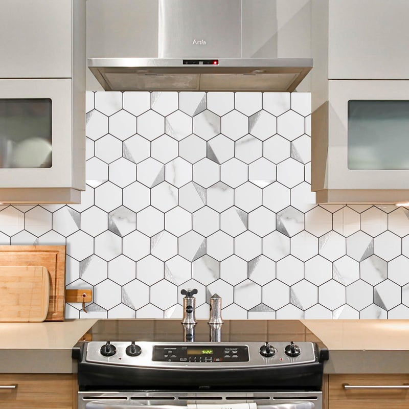 OYASIMI 10-Sheet Peel and Stick Tiles for Kitchen Backsplashes, Hexagon 12.2x11.54 inches Marble White Mixed Silver Metal 3D PVC Wall Tile Stick on Backsplash for Bathroom Waterproof - Image 3
