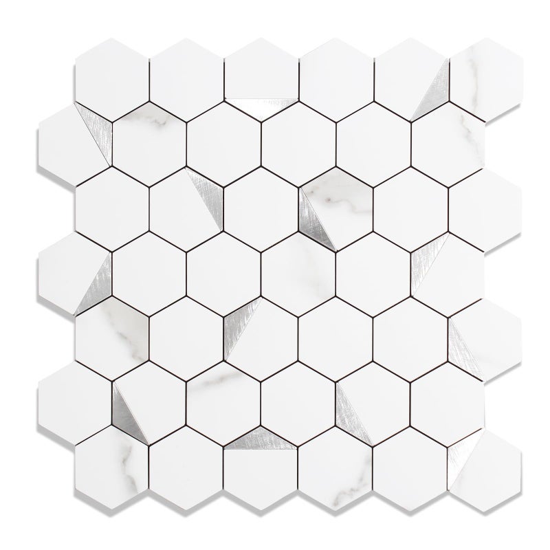 OYASIMI 10-Sheet Peel and Stick Tiles for Kitchen Backsplashes, Hexagon 12.2x11.54 inches Marble White Mixed Silver Metal 3D PVC Wall Tile Stick on Backsplash for Bathroom Waterproof - Image 1