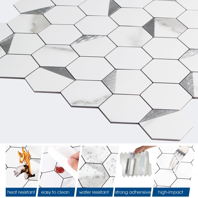 OYASIMI 10-Sheet Peel and Stick Tiles for Kitchen Backsplashes, Hexagon 12.2x11.54 inches Marble White Mixed Silver Metal 3D PVC Wall Tile Stick on Backsplash for Bathroom Waterproof - Image 5