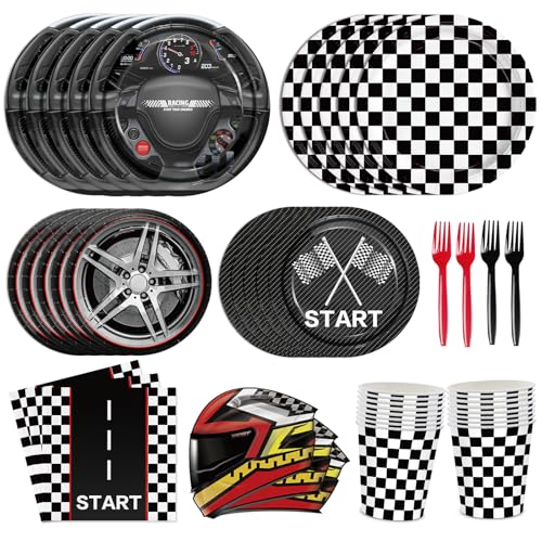 XIENBLOC 144pcs Race Car Plates Napkins Party Supplies Racing Themed Paper Cups Race Car Birthday Party Decorations Racing Tableware Set for kids Boys Birthday Decor Serves 24 - Image 1