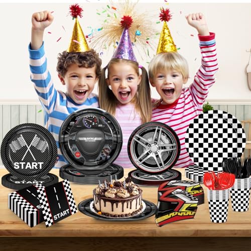 XIENBLOC 144pcs Race Car Plates Napkins Party Supplies Racing Themed Paper Cups Race Car Birthday Party Decorations Racing Tableware Set for kids Boys Birthday Decor Serves 24 - Image 4