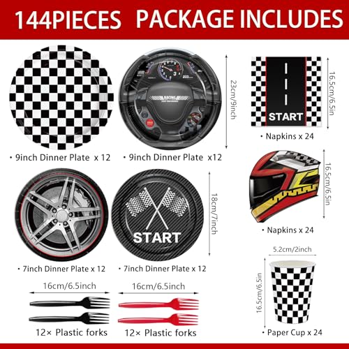 XIENBLOC 144pcs Race Car Plates Napkins Party Supplies Racing Themed Paper Cups Race Car Birthday Party Decorations Racing Tableware Set for kids Boys Birthday Decor Serves 24 - Image 2