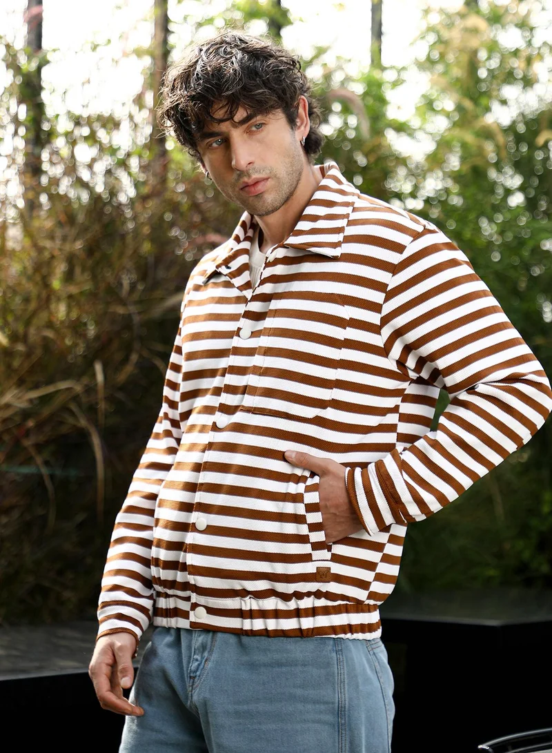 Campus Sutra Men Candy-Striped Utility Bomber Jacket | Point Collar, Long Button-Cuff Sleeves | Snap Button , Stretch-Straight Hem | Stripes Textured Woven Fabric For Casual & Daily Wear | Brown