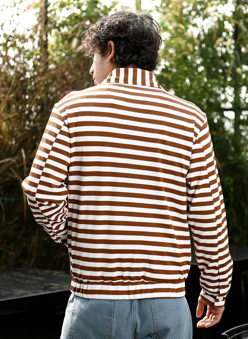 Campus Sutra Men Candy-Striped Utility Bomber Jacket | Point Collar, Long Button-Cuff Sleeves | Snap Button , Stretch-Straight Hem | Stripes Textured Woven Fabric For Casual & Daily Wear | Brown
