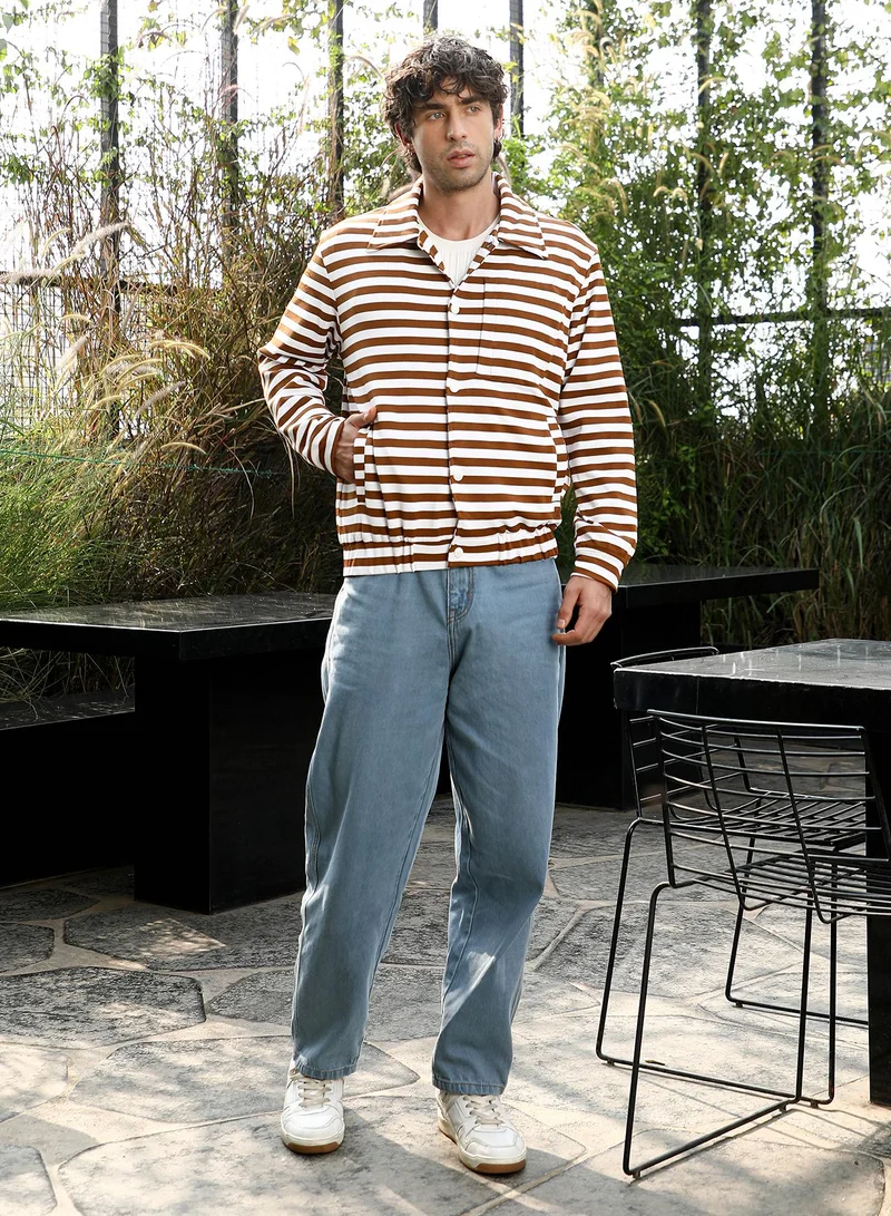 Campus Sutra Men Candy-Striped Utility Bomber Jacket | Point Collar, Long Button-Cuff Sleeves | Snap Button , Stretch-Straight Hem | Stripes Textured Woven Fabric For Casual & Daily Wear | Brown